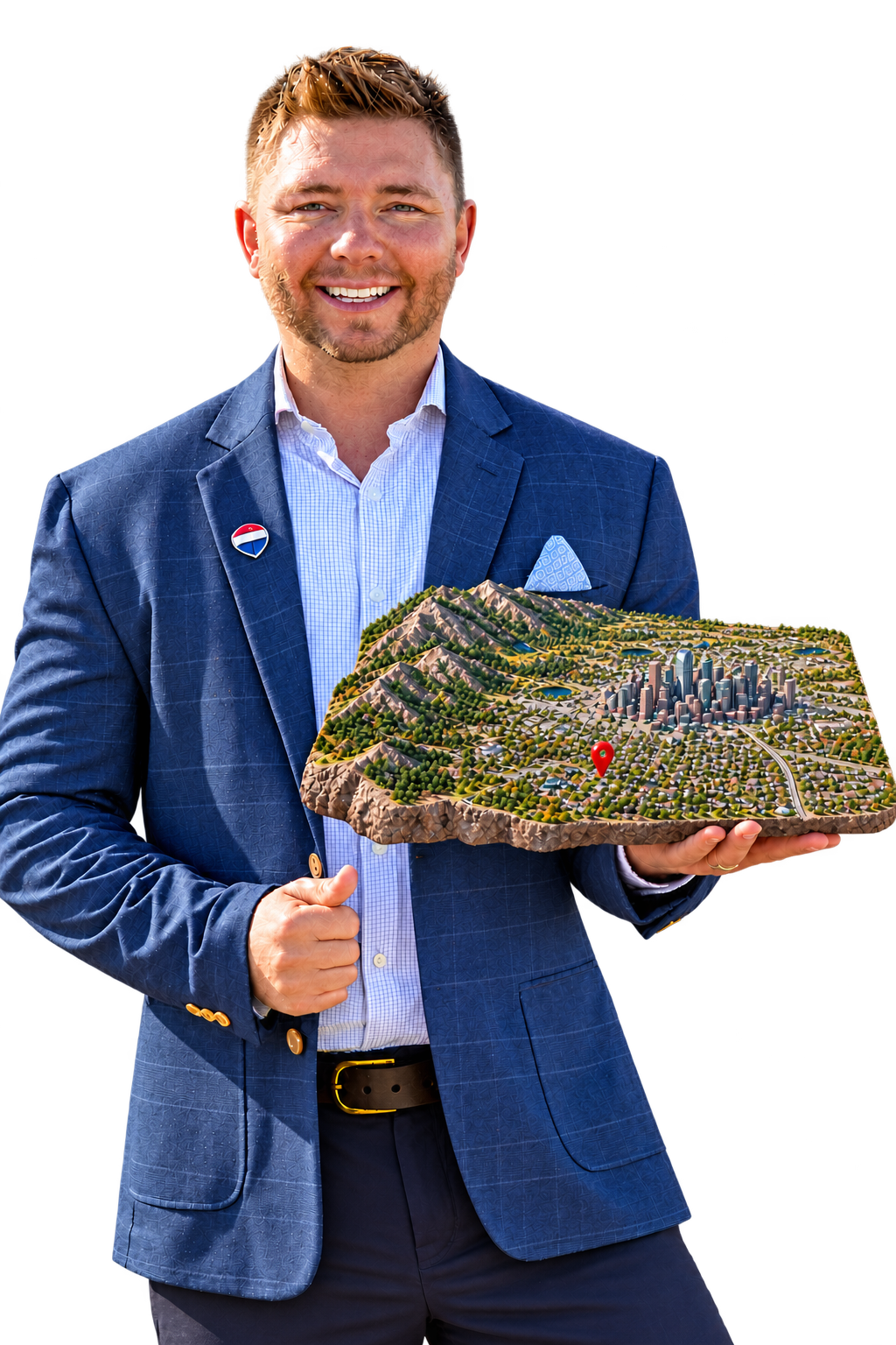 Dane Rickard holding a realistic Denver Metro miniature with western mountains, downtown buildings and a red southwest-area map pin