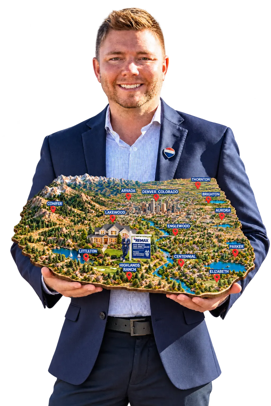Dane Rickard holding a detailed Denver-area model with mountains, a home, city skyline and labeled community pins