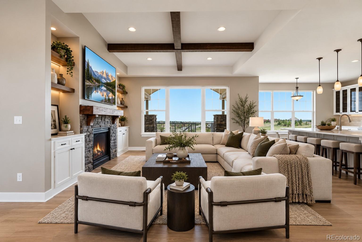 Virtually staged a gathering place with digitally added furnishings